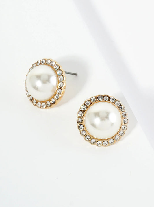 Crystal Encircling Pearl Bead Button Stud Earrings