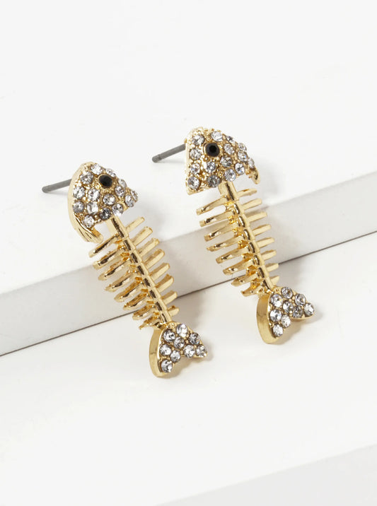 Crystal Pave 1 Inch Fishbone Stud Earrings