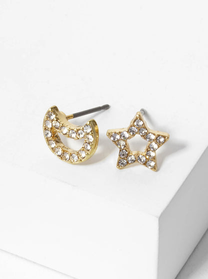 Crystal Pave 10mm Star And Moon Asymmetrical  Stud Earrings