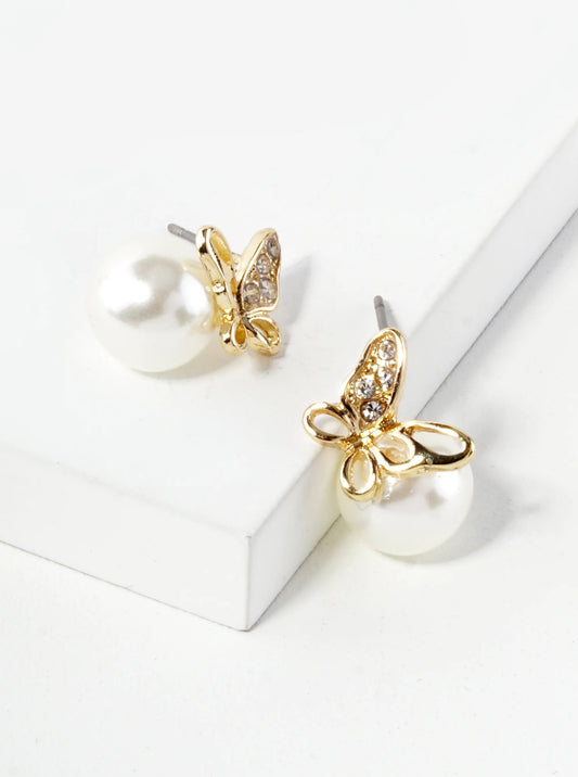 Crystal Pave Butterfly Sitting On 10mm Pearl Bead 15mm Stud Earrings