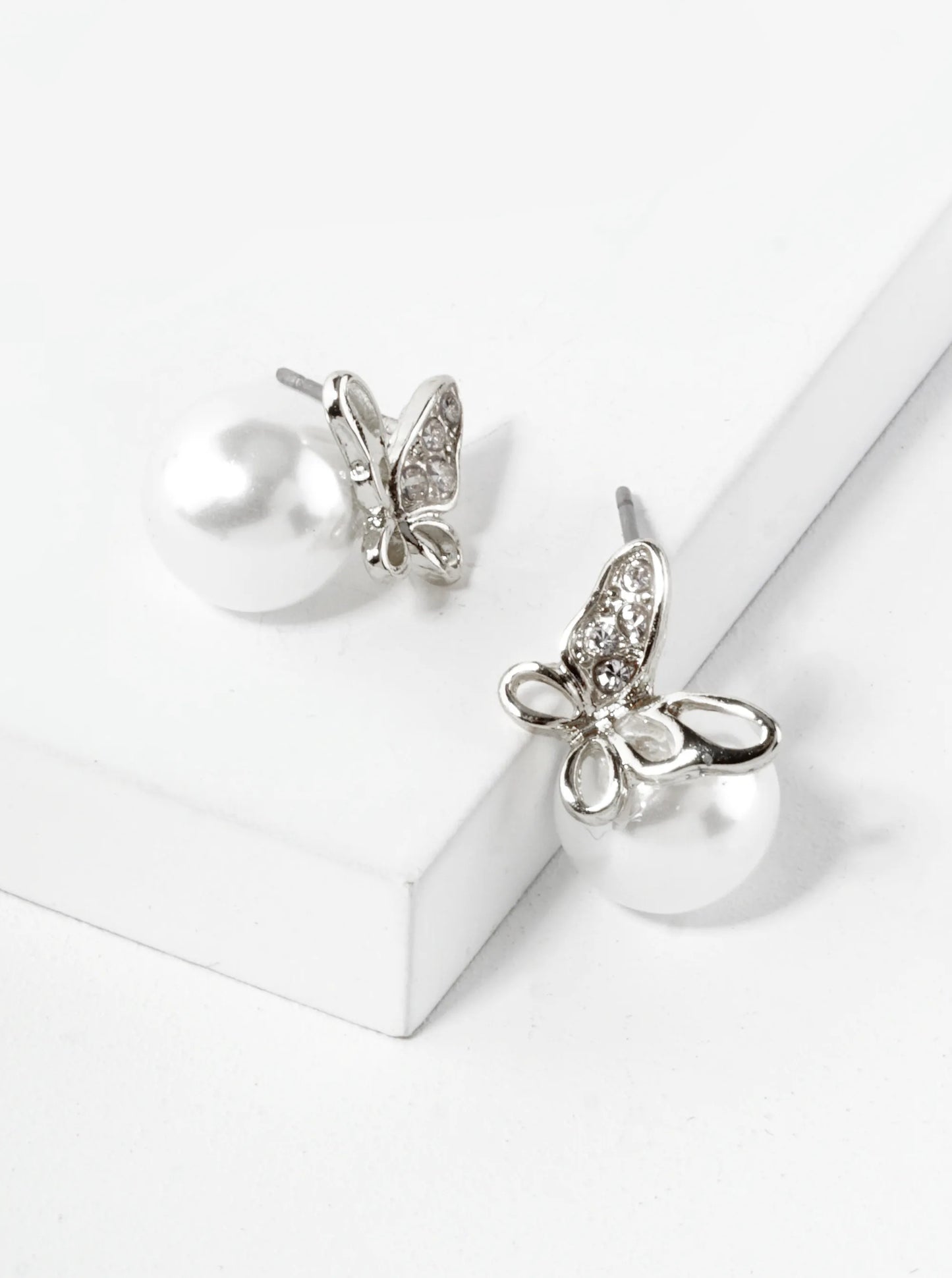 Crystal Pave Butterfly Sitting On 10mm Pearl Bead 15mm Stud Earrings