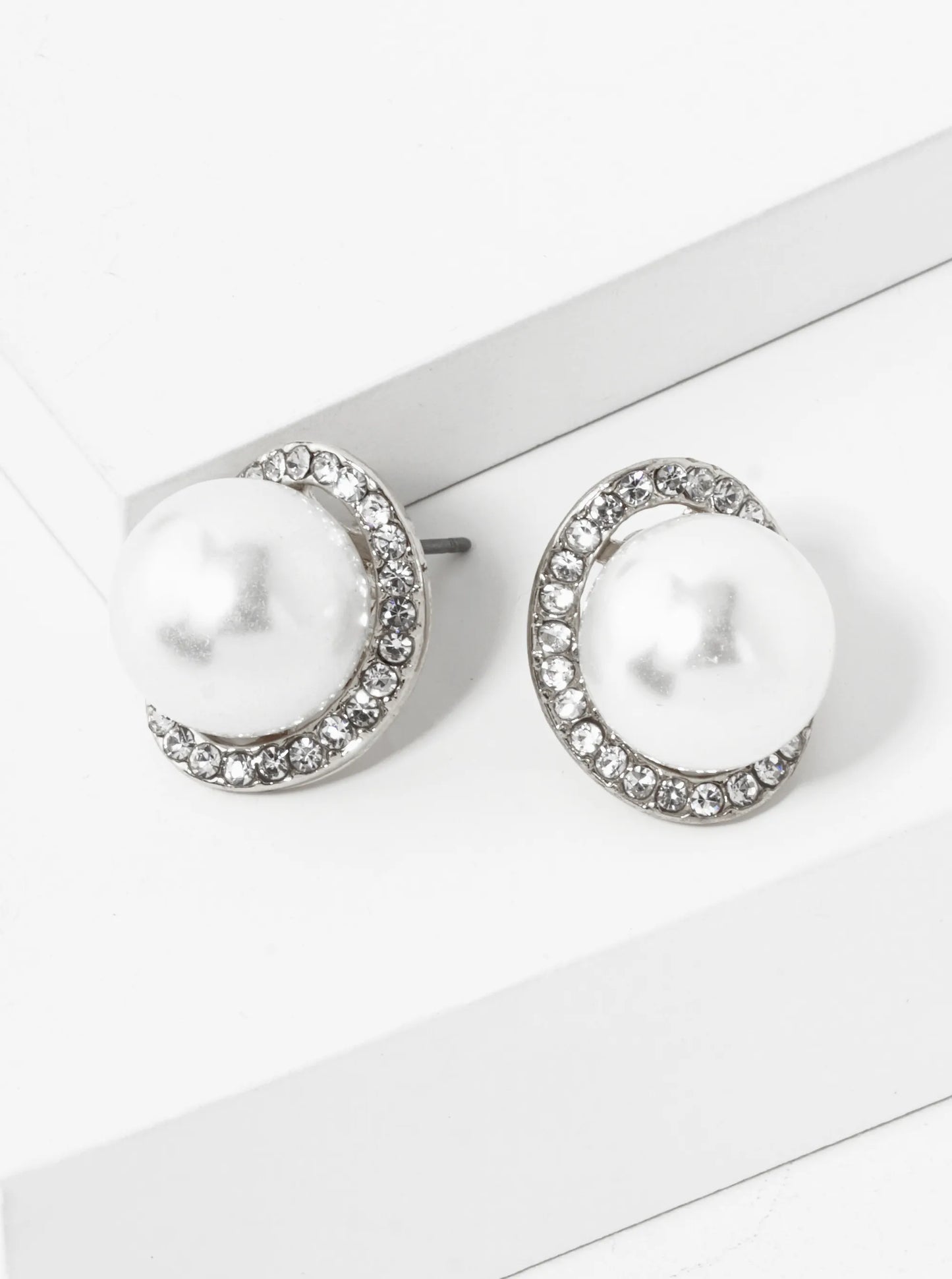 Crystal Pave Curved Oval With12mm Pearl Stud Earrings