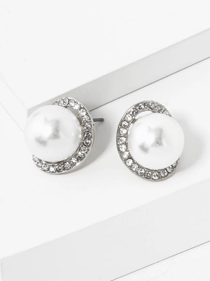 Crystal Pave Curved Oval With12mm Pearl Stud Earrings