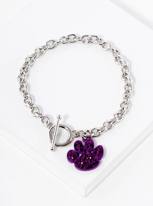 Crystal Pave Dog Paw Game Day Mascot Charm Toggle Closure Chain Bracelet