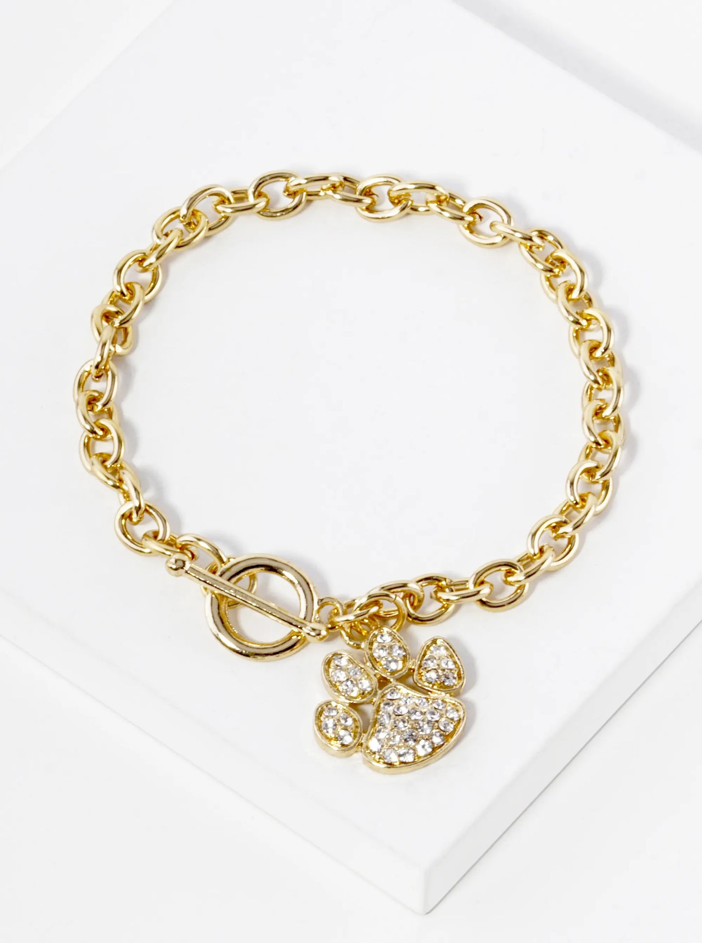 Crystal Pave Dog Paw Game Day Mascot Charm Toggle Closure Chain Bracelet