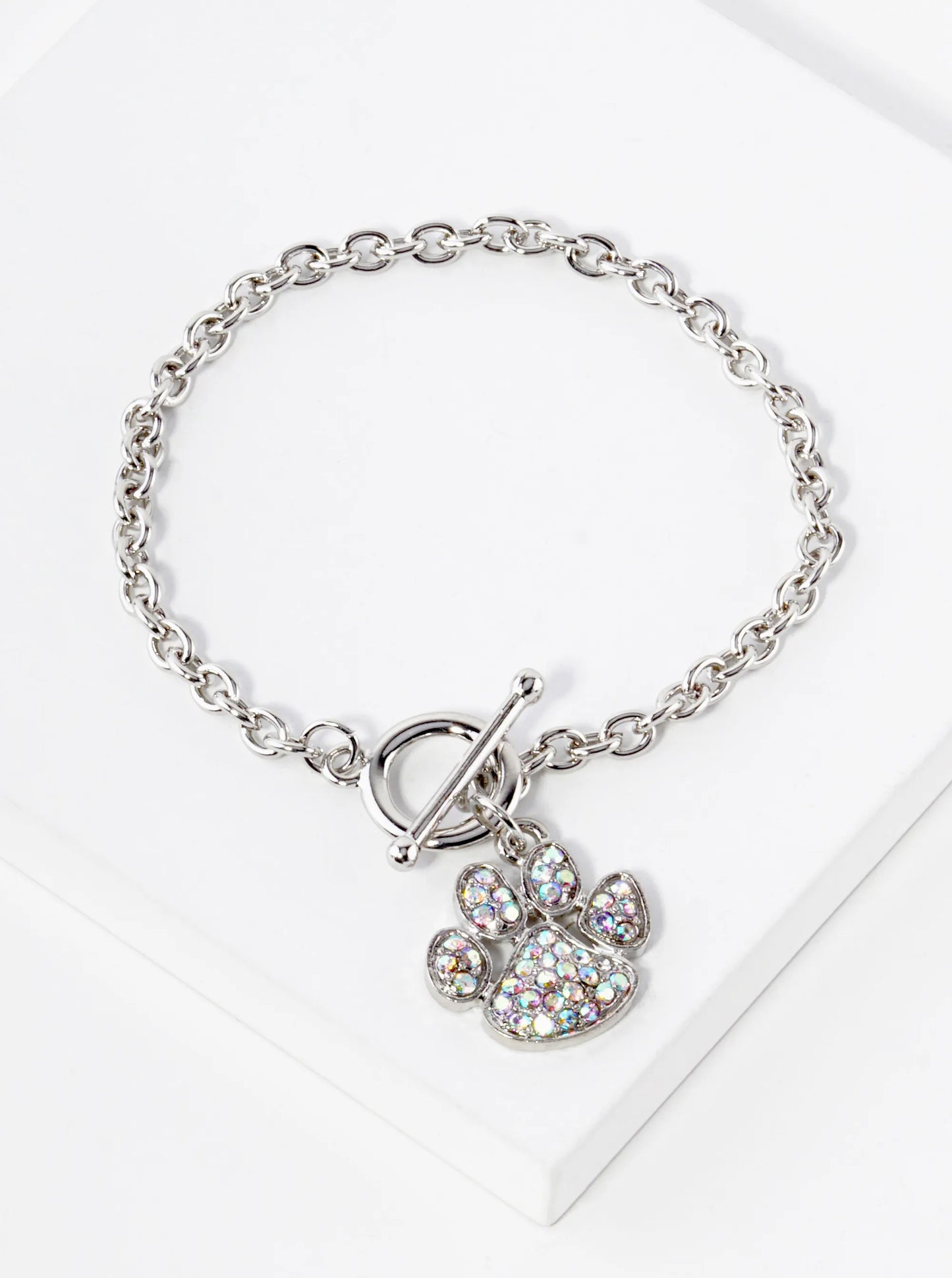 Crystal Pave Dog Paw Game Day Mascot Charm Toggle Closure Chain Bracelet