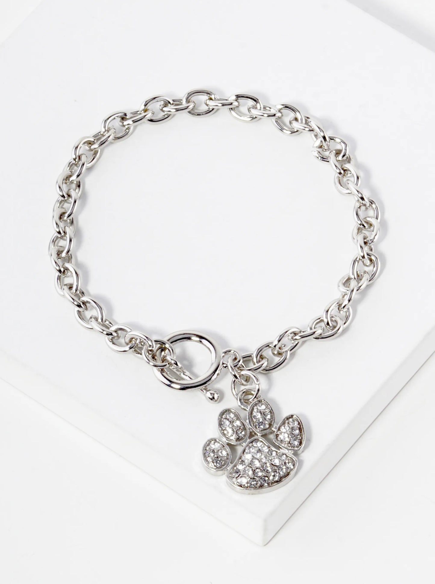 Crystal Pave Dog Paw Game Day Mascot Charm Toggle Closure Chain Bracelet