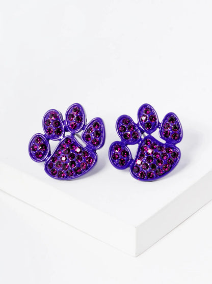 Crystal Pave Dog Paw Game Day Mascot Post Stud Earrings