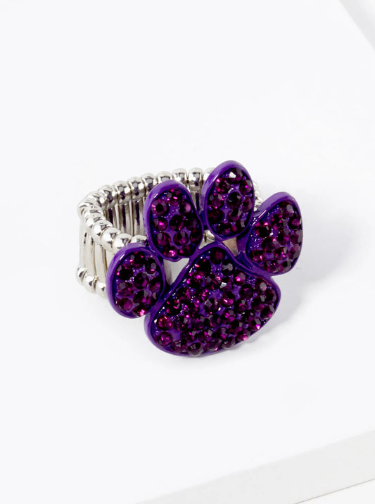 Crystal Pave Dog Paw Game Day Mascot Stretch Ring