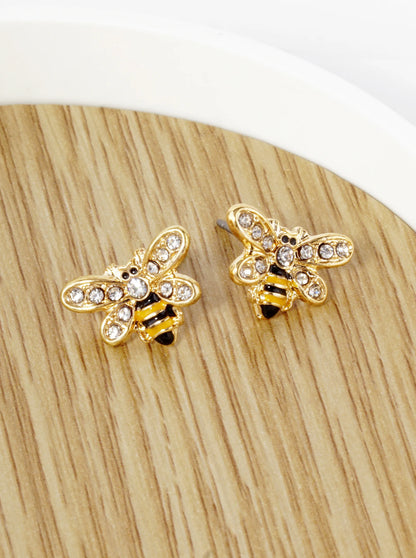 Crystal Pave Enamel 10mm Honey Bee Stud Earrings