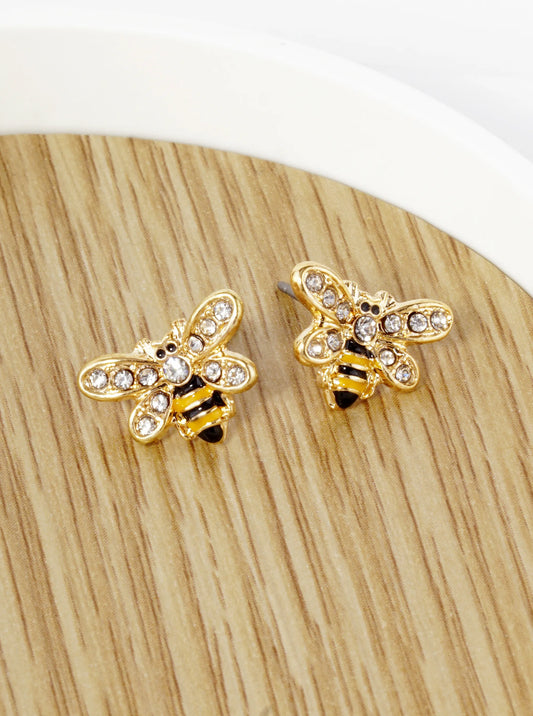 Crystal Pave Enamel 10mm Honey Bee Stud Earrings