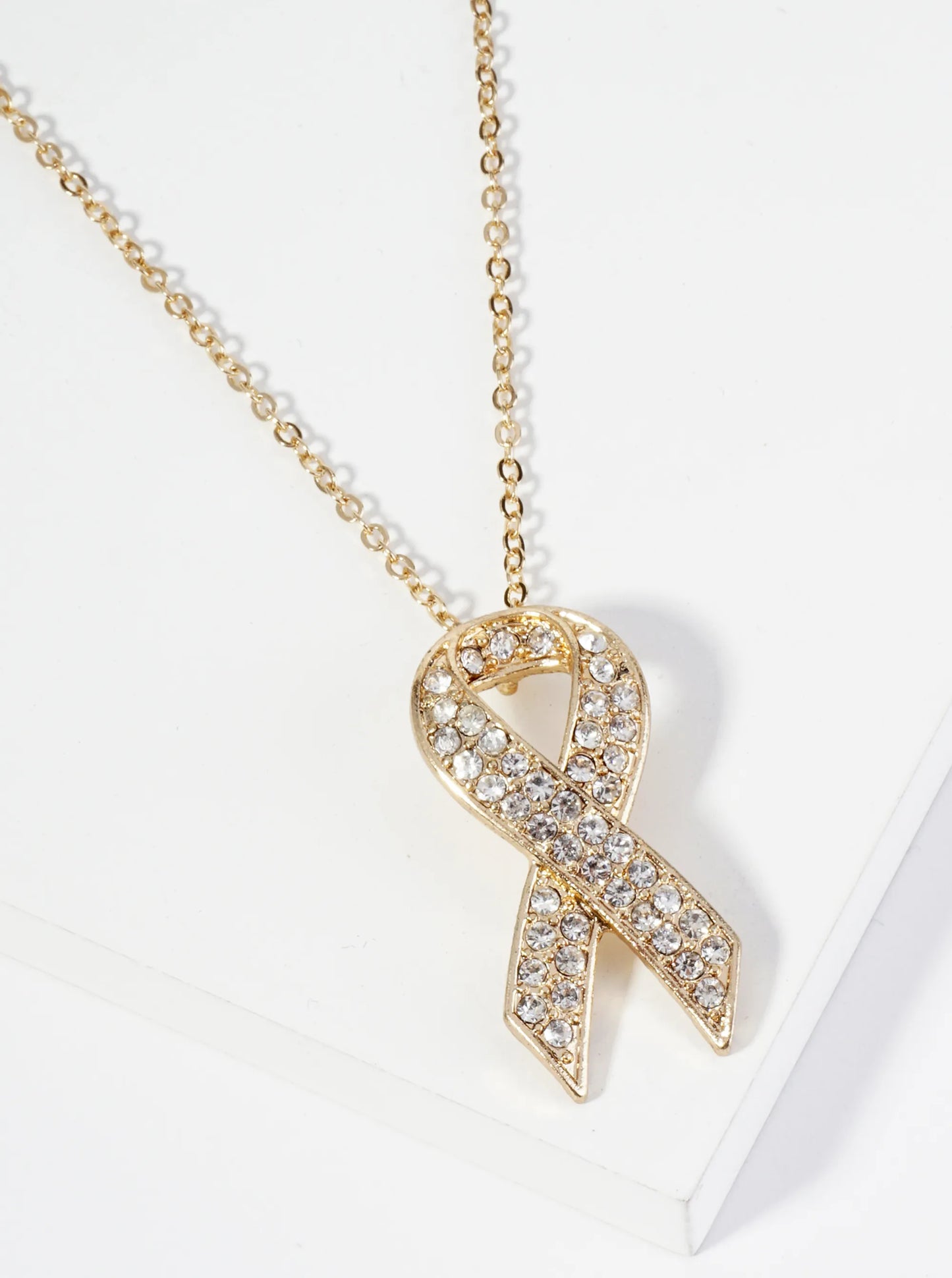 Crystal Pave Pink Ribbon Pendant Necklace