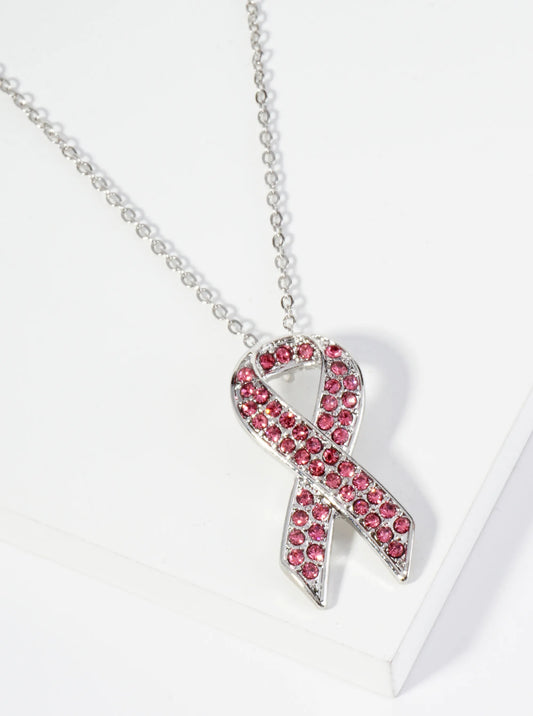 Crystal Pave Pink Ribbon Pendant Necklace