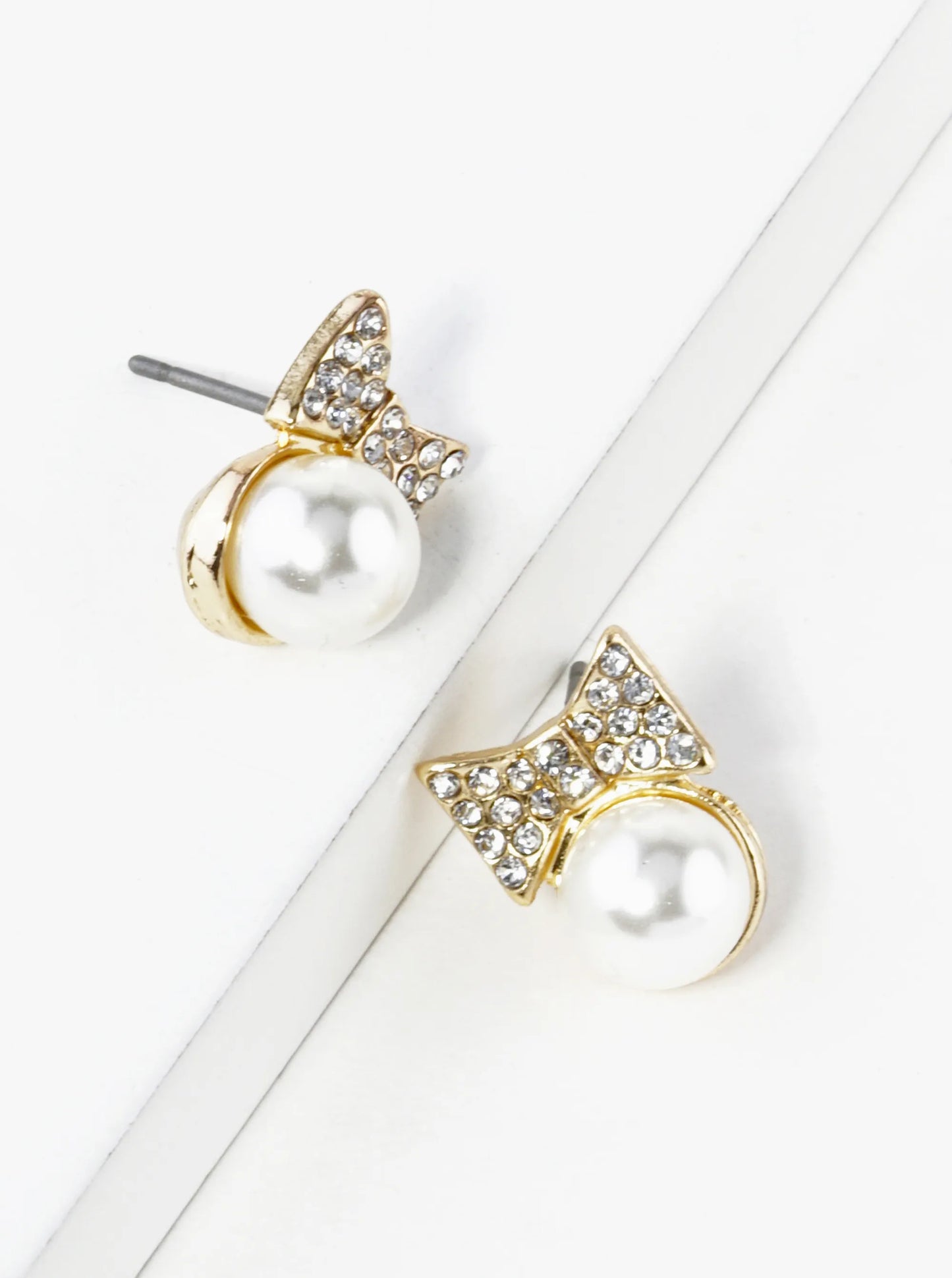 Crystal Pave Ribbon Bow With Pearl Bead Stud Earrings