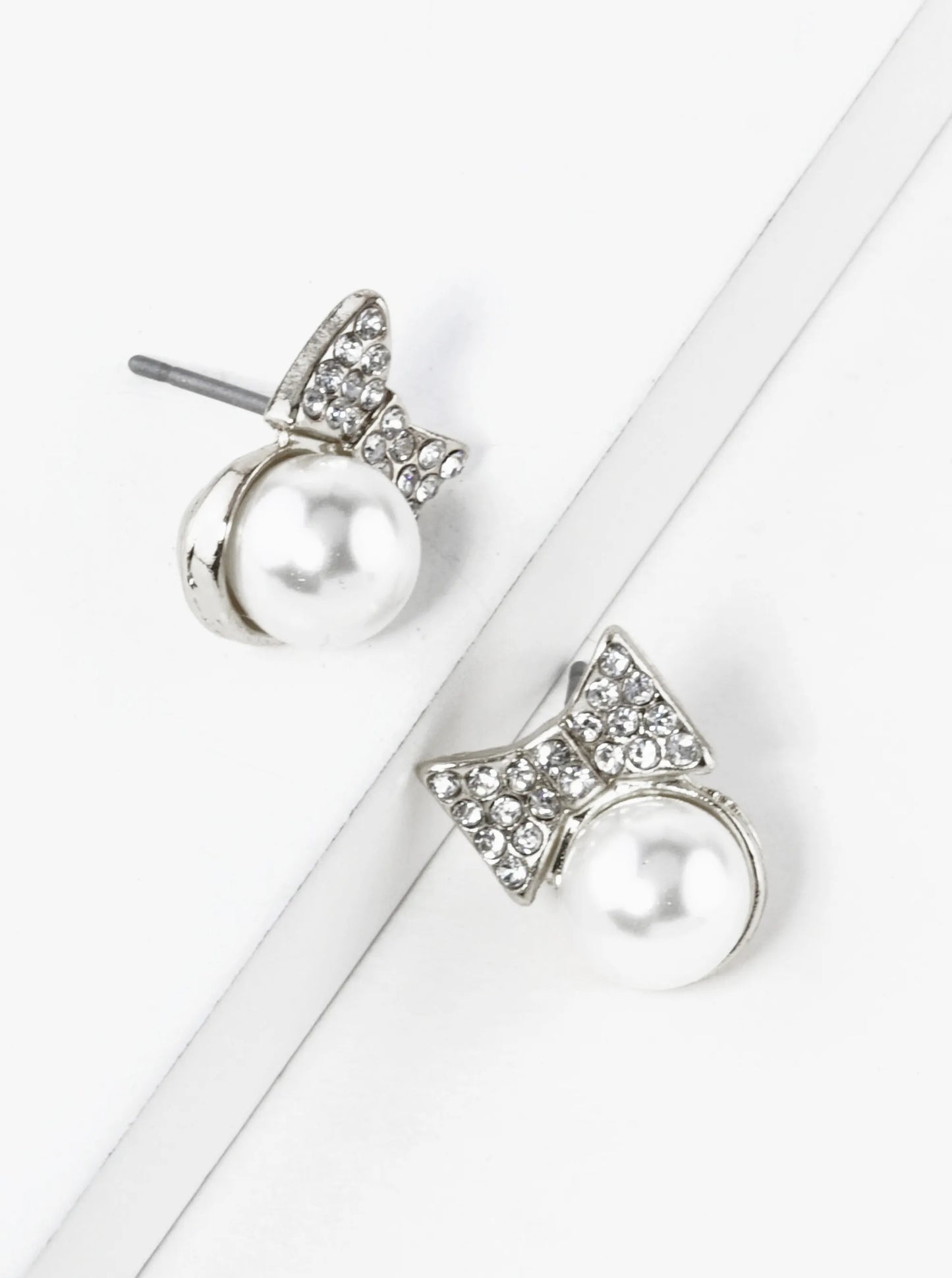 Crystal Pave Ribbon Bow With Pearl Bead Stud Earrings