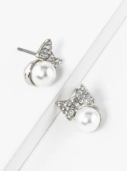 Crystal Pave Ribbon Bow With Pearl Bead Stud Earrings