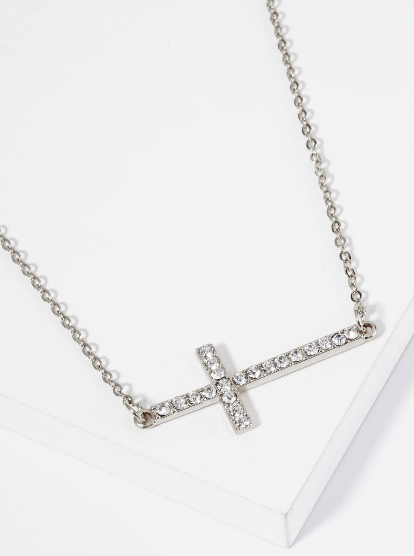Crystal Pave Sideways Cross Pendant Necklace