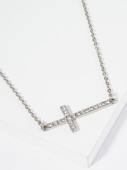 Crystal Pave Sideways Cross Pendant Necklace