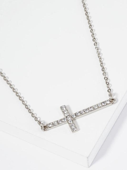 Crystal Pave Sideways Cross Pendant Necklace