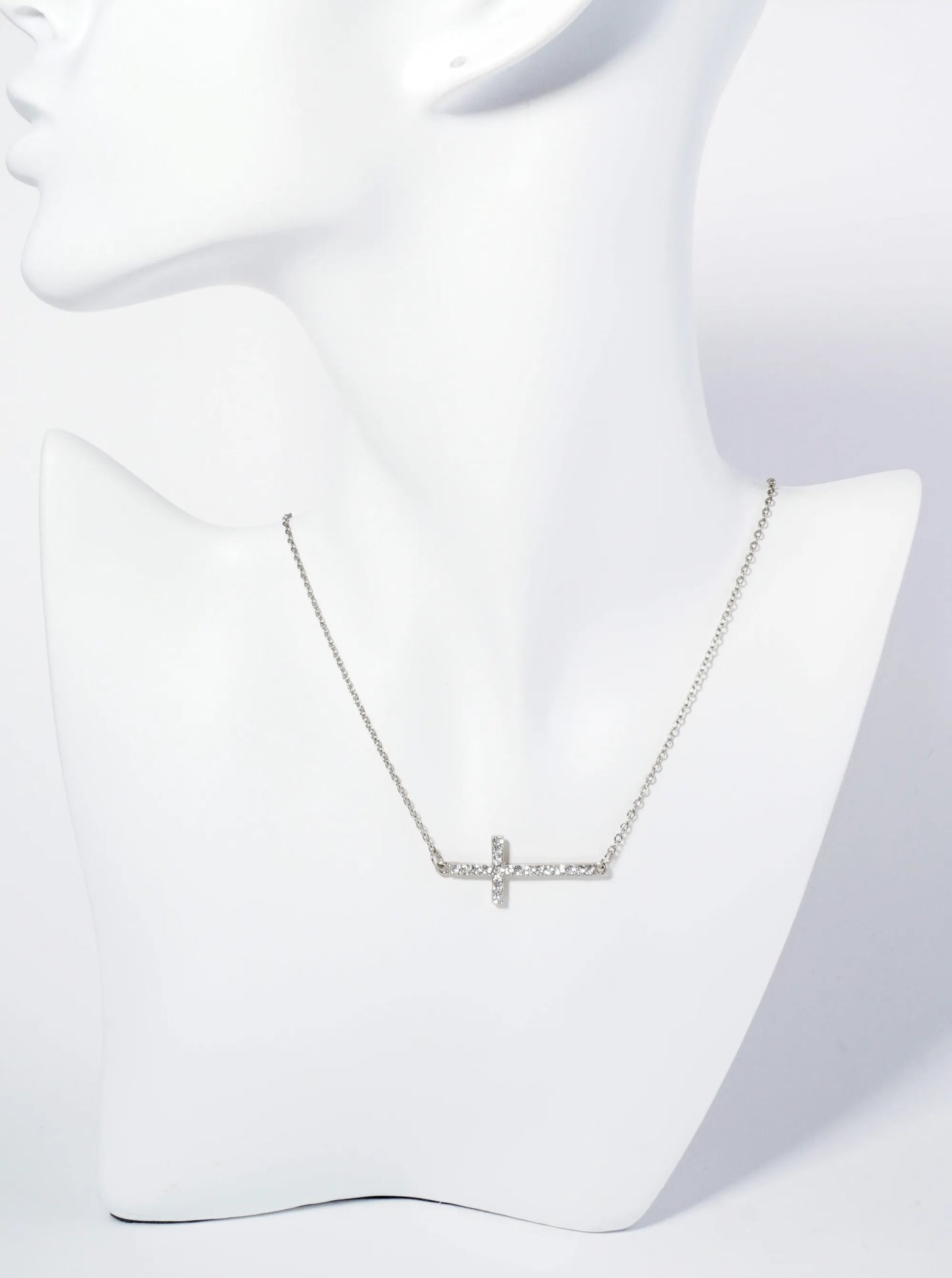 Crystal Pave Sideways Cross Pendant Necklace