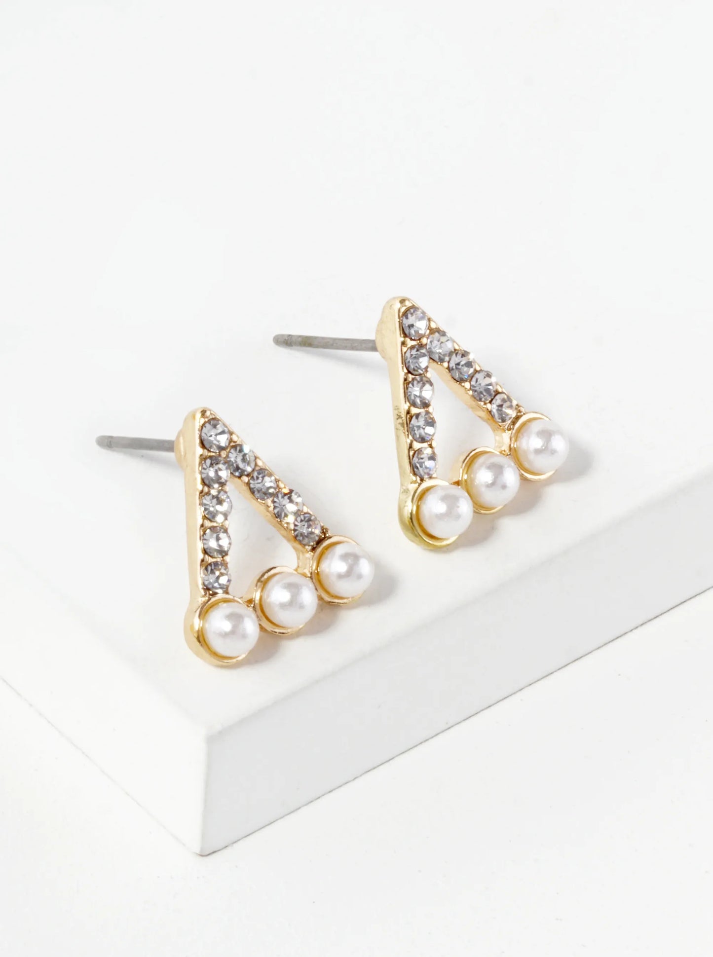 Crystal Pave Three Pearl Beaded 13mm Triangle Stud Earrings