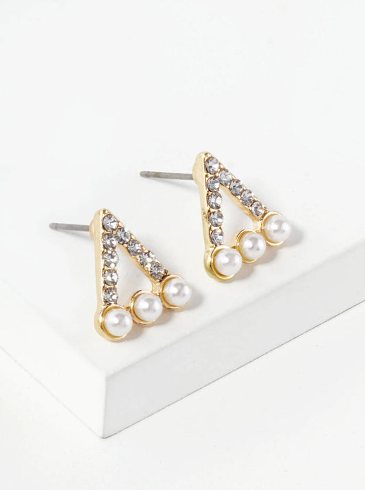Crystal Pave Three Pearl Beaded 13mm Triangle Stud Earrings
