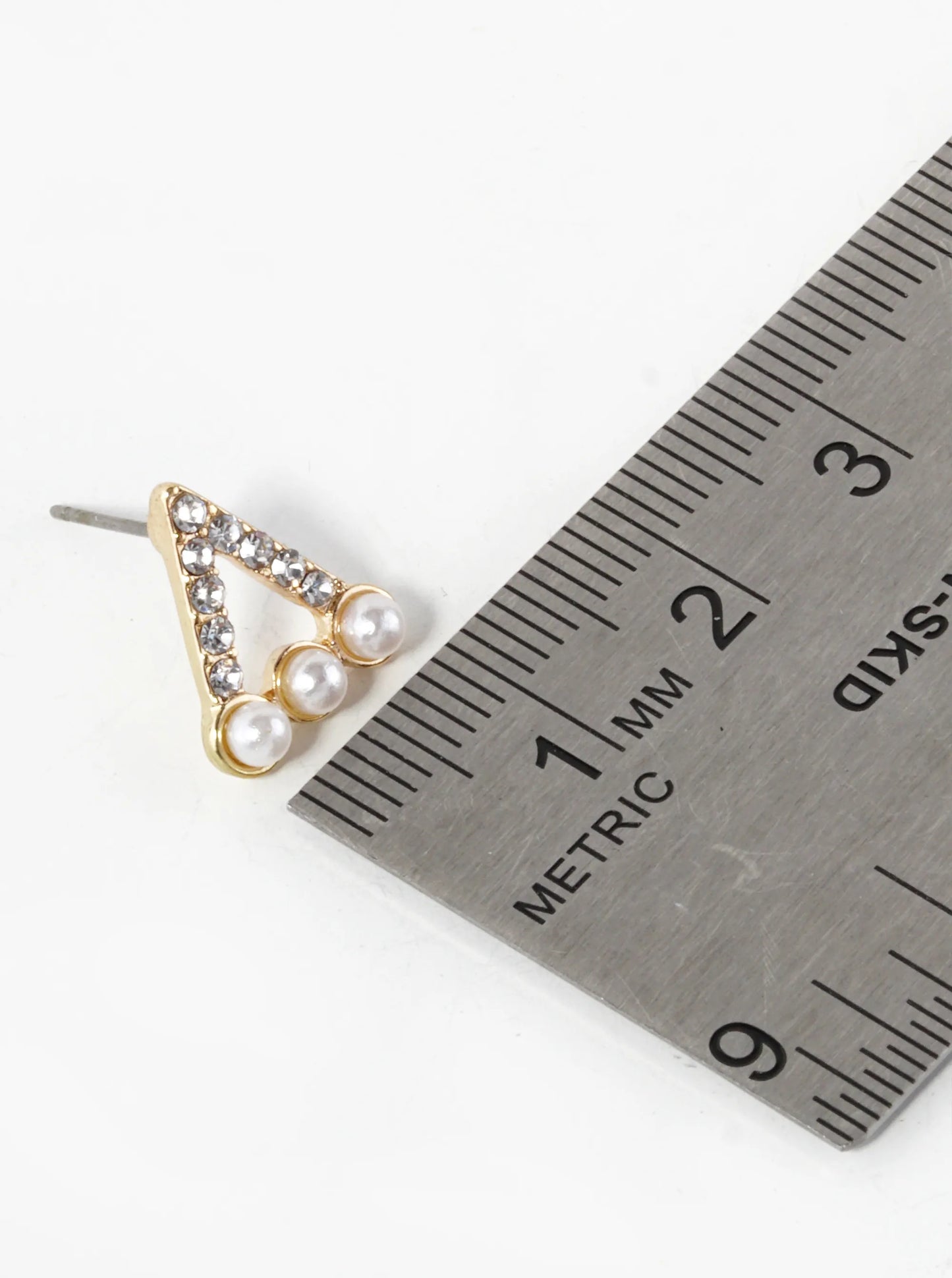 Crystal Pave Three Pearl Beaded 13mm Triangle Stud Earrings