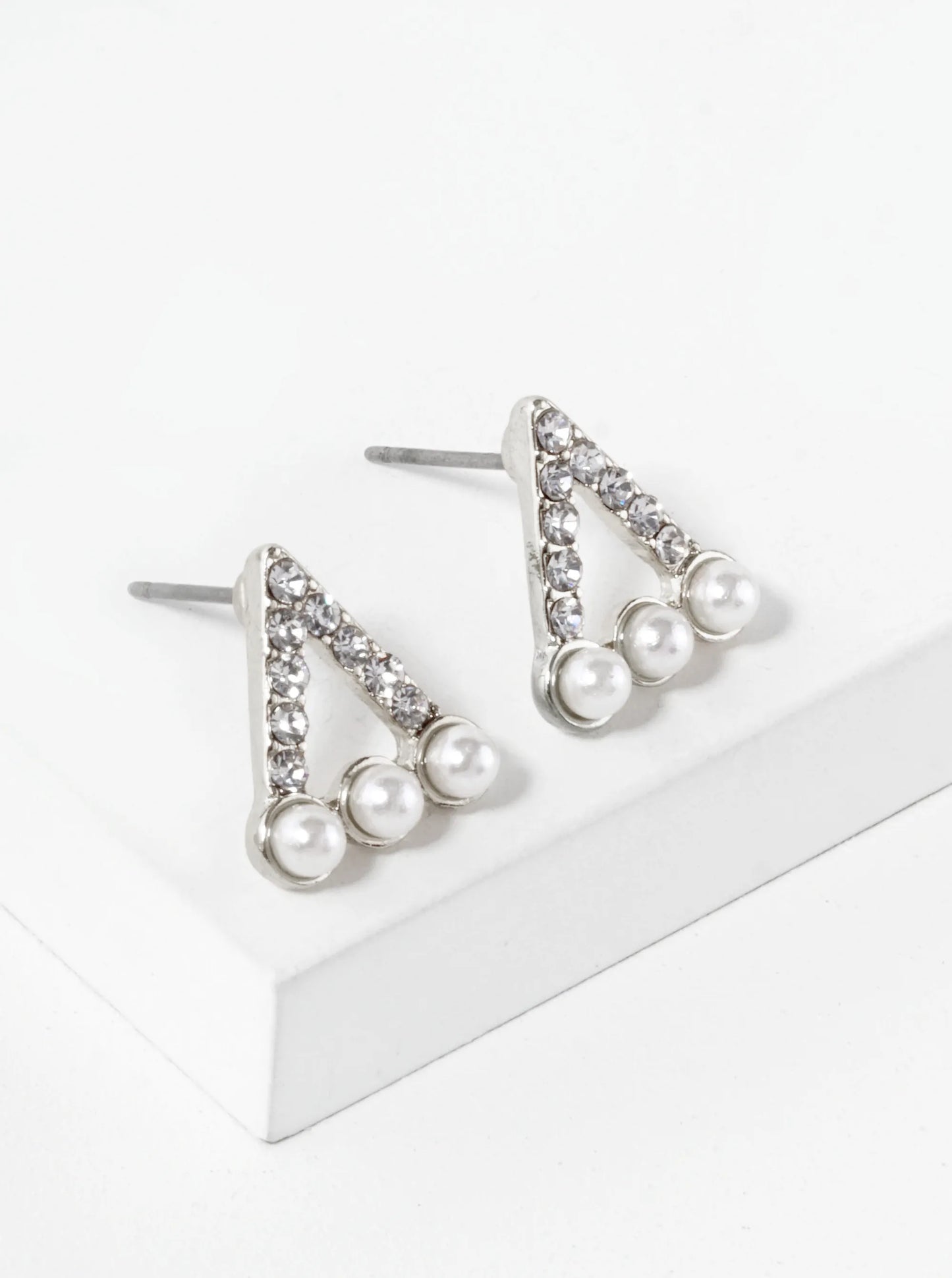Crystal Pave Three Pearl Beaded 13mm Triangle Stud Earrings