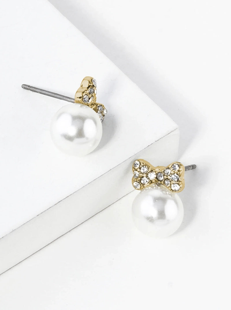 Crystal Pave Tiny Ribbon Bow With Pearl Bead Stud Earrings