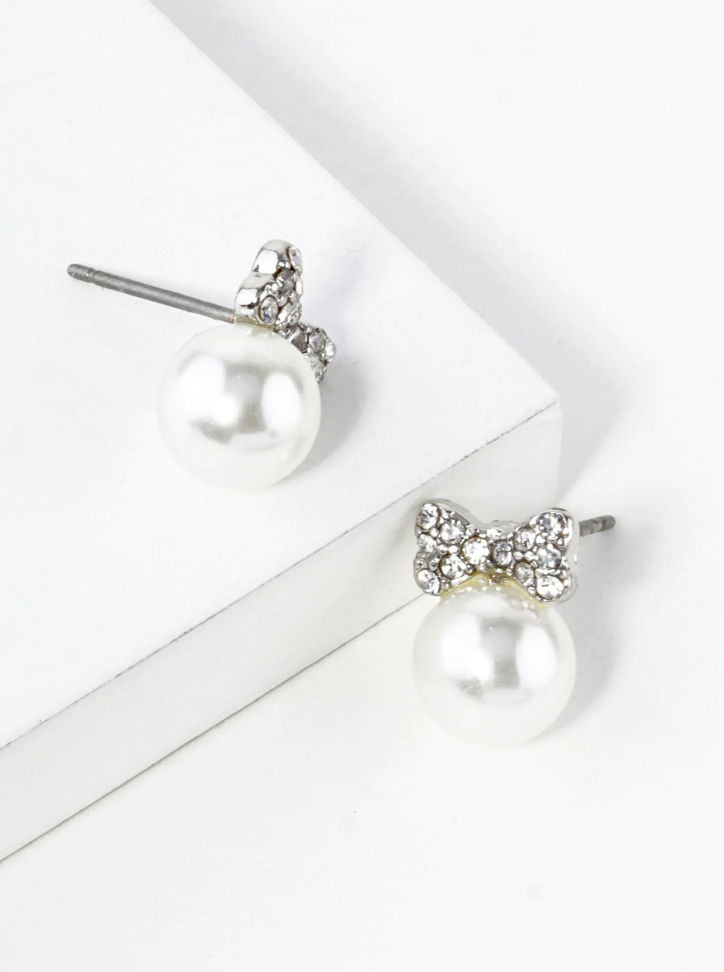 Crystal Pave Tiny Ribbon Bow With Pearl Bead Stud Earrings