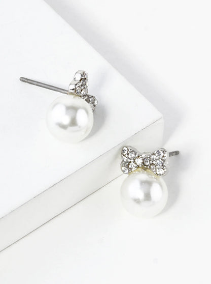 Crystal Pave Tiny Ribbon Bow With Pearl Bead Stud Earrings