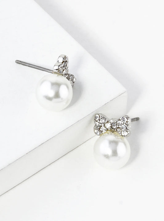 Crystal Pave Tiny Ribbon Bow With Pearl Bead Stud Earrings