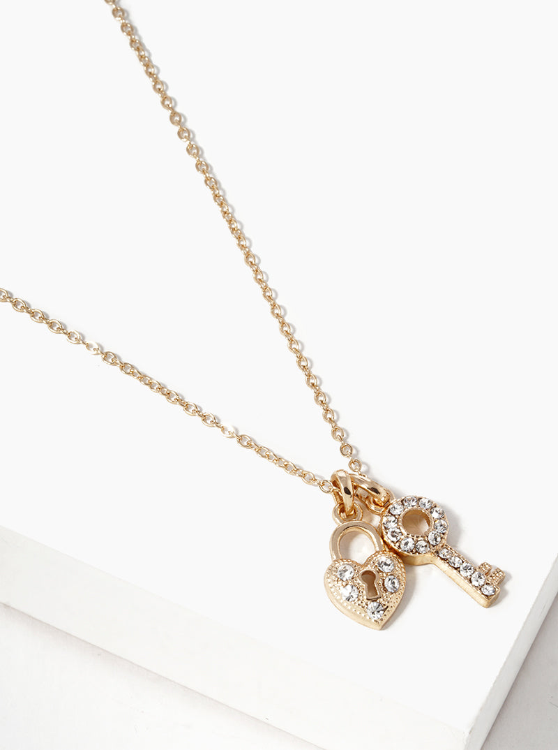 Crystal Pave Heart Padlock And Key Pendant Necklace