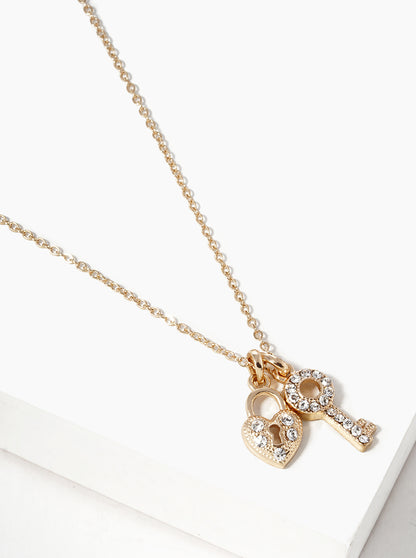 Crystal Pave Heart Padlock And Key Pendant Necklace