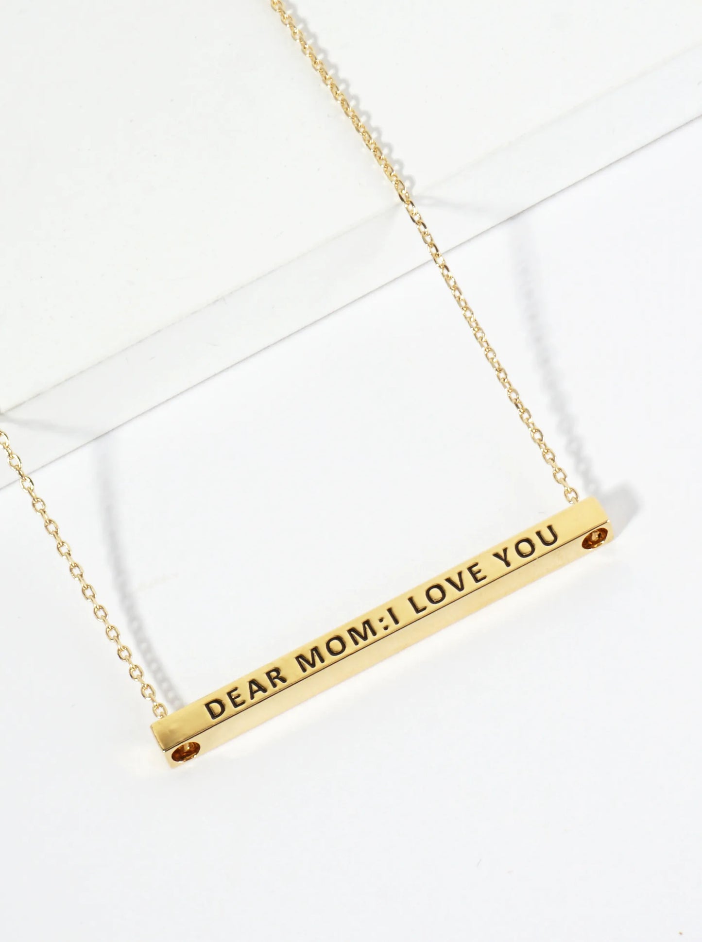 Dear Mom I Love You Engraved 18K Gold Dipped Horizontal Brass Bar Pendant Inspirational Necklace
