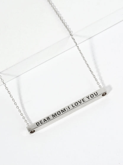 Dear Mom I Love You Engraved 18K Gold Dipped Horizontal Brass Bar Pendant Inspirational Necklace