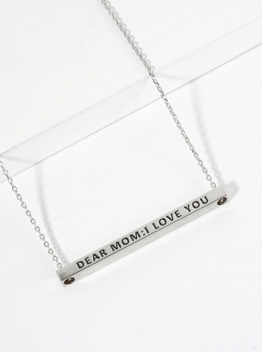 Dear Mom I Love You Engraved 18K Gold Dipped Horizontal Brass Bar Pendant Inspirational Necklace