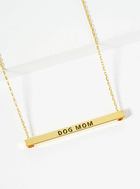 Dog Mom Engraved 18K Gold Dipped Horizontal Brass Bar Pendant Inspirational Necklace