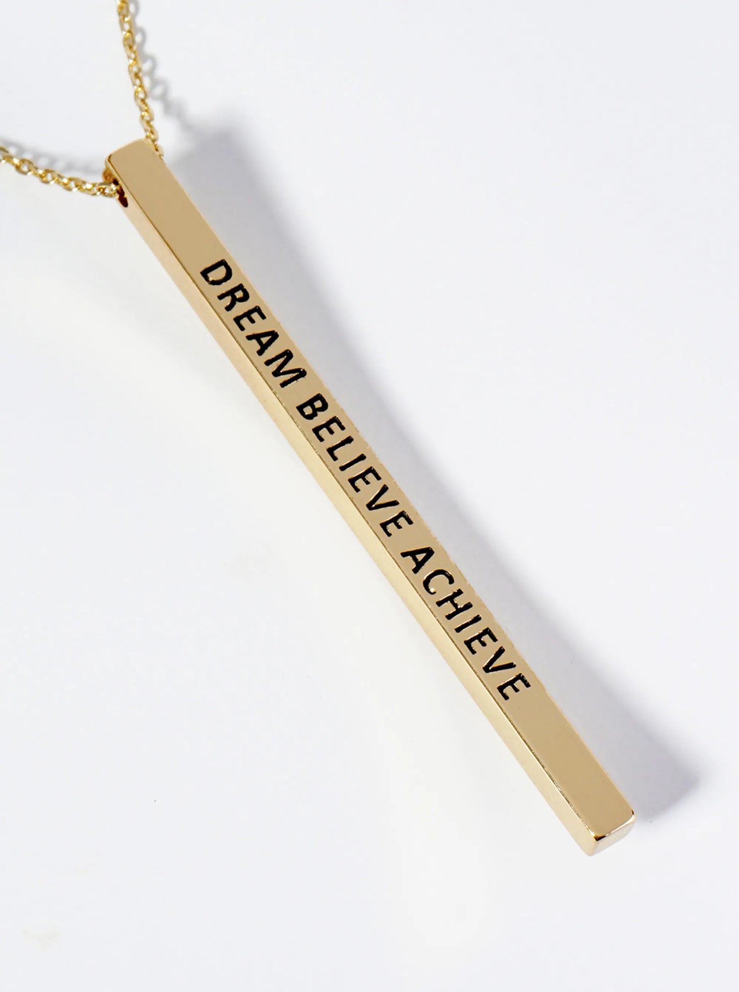 Dream Believe Achieve Engraved Vertical Bar Pendant Inspirational Necklace