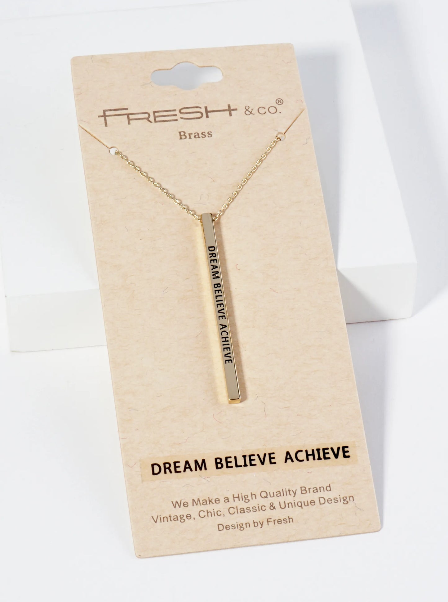 Dream Believe Achieve Engraved Vertical Bar Pendant Inspirational Necklace