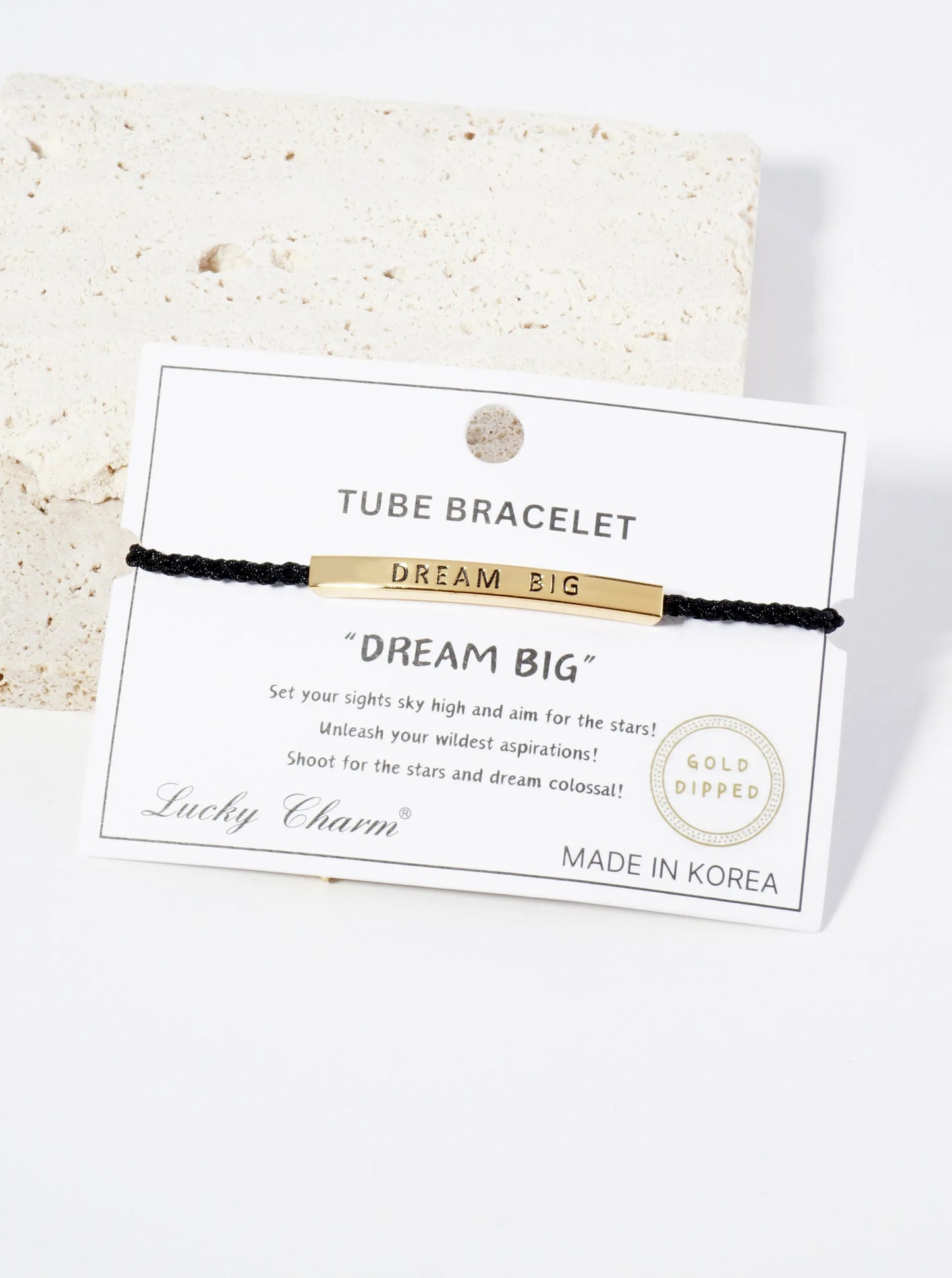 Dream Big Engraved 18K Gold Dipped Curved Brass Tube Bar Adjustable Pull Tie Bracelet