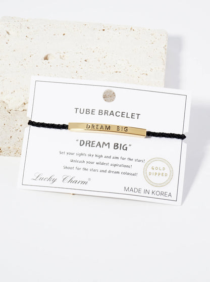 Dream Big Engraved 18K Gold Dipped Curved Brass Tube Bar Adjustable Pull Tie Bracelet