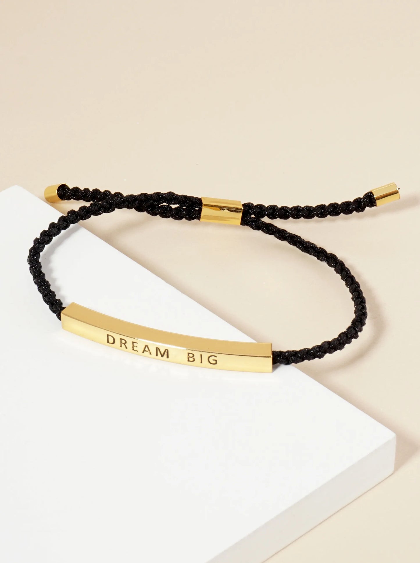 Dream Big Engraved 18K Gold Dipped Curved Brass Tube Bar Adjustable Pull Tie Bracelet