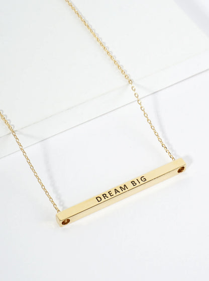 Dream Big Engraved 18K Gold Dipped Horizontal Brass Bar Pendant Inspirational Necklace