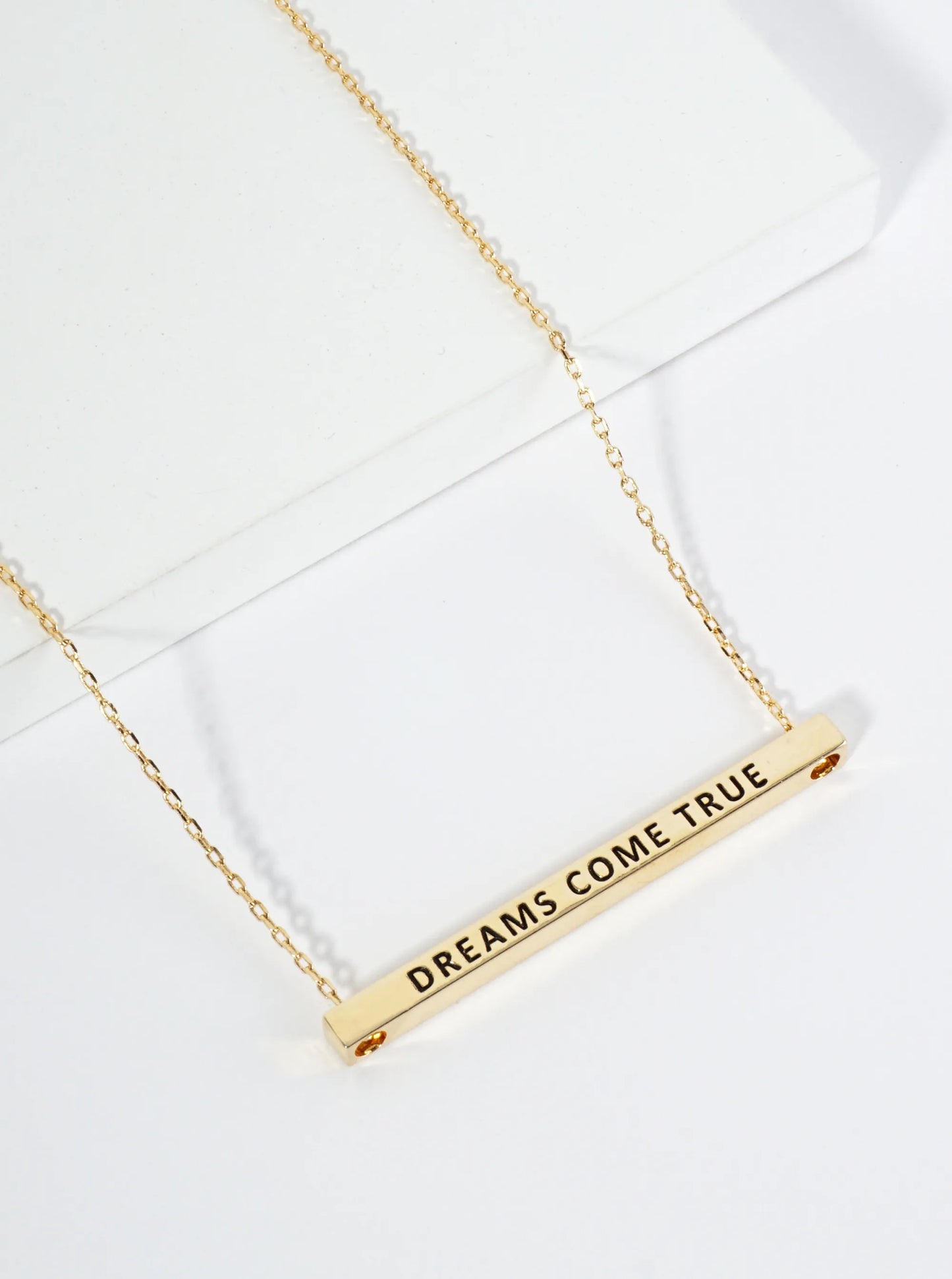 Dreams Come True Engraved 18K Gold Dipped Horizontal Brass Bar Pendant Inspirational Necklace