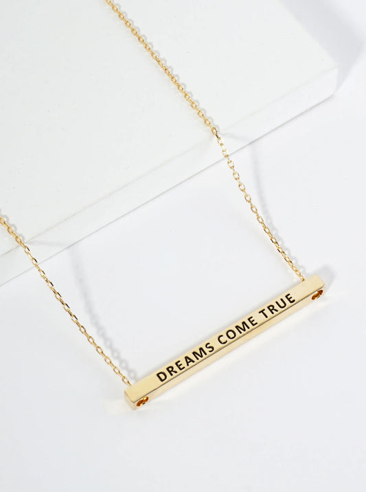 Dreams Come True Engraved 18K Gold Dipped Horizontal Brass Bar Pendant Inspirational Necklace