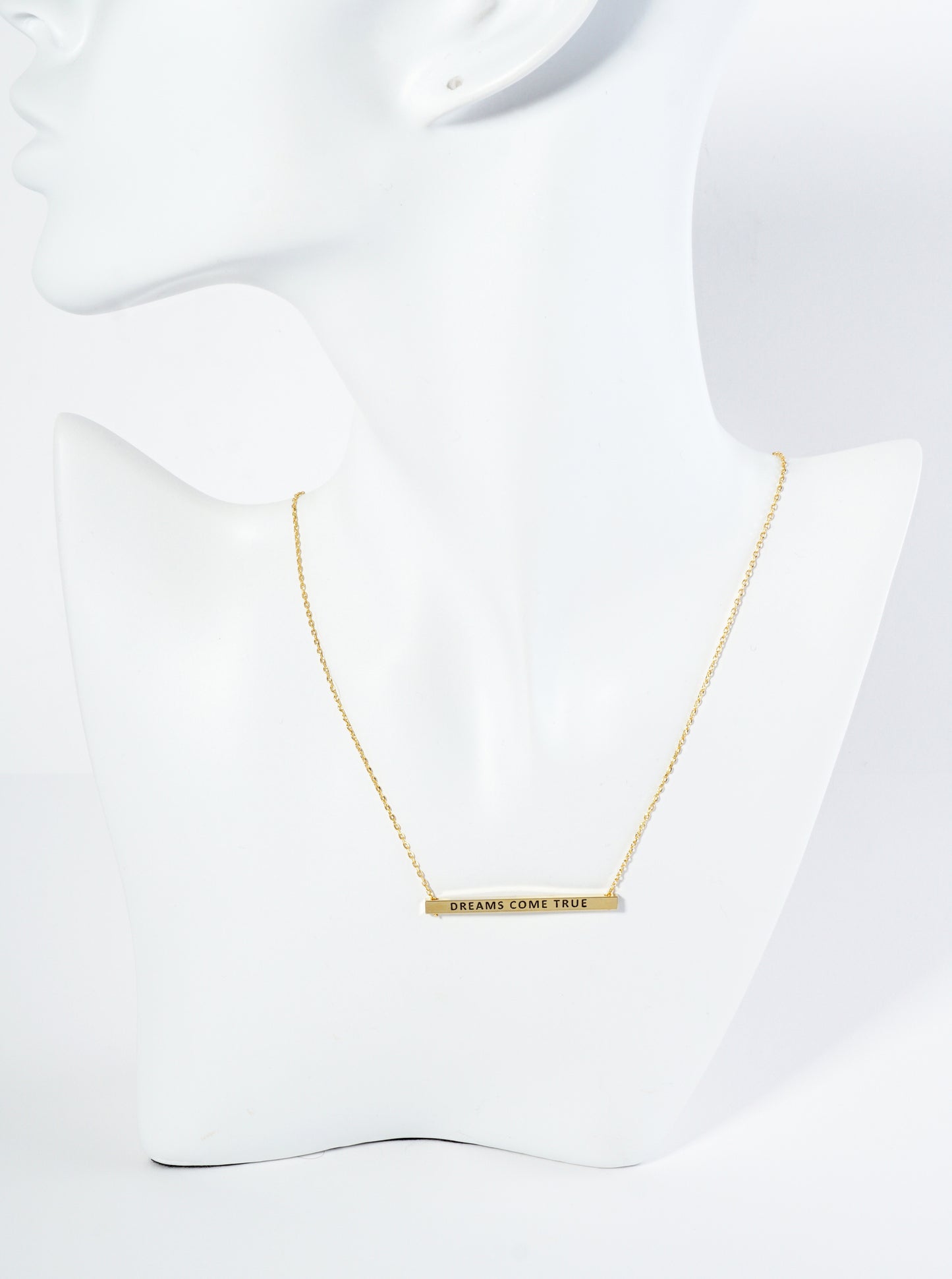 Dreams Come True Engraved 18K Gold Dipped Horizontal Brass Bar Pendant Inspirational Necklace