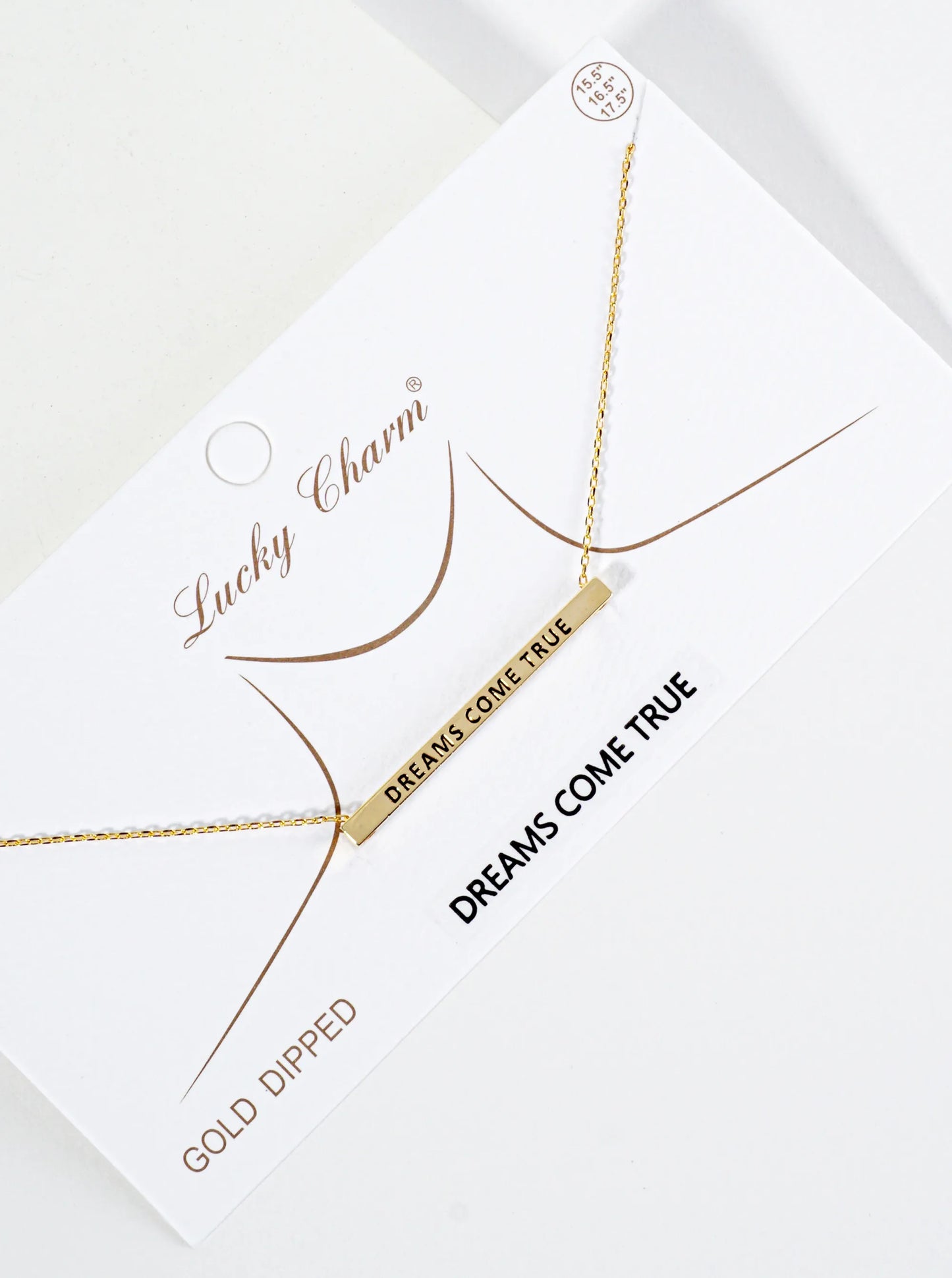 Dreams Come True Engraved 18K Gold Dipped Horizontal Brass Bar Pendant Inspirational Necklace