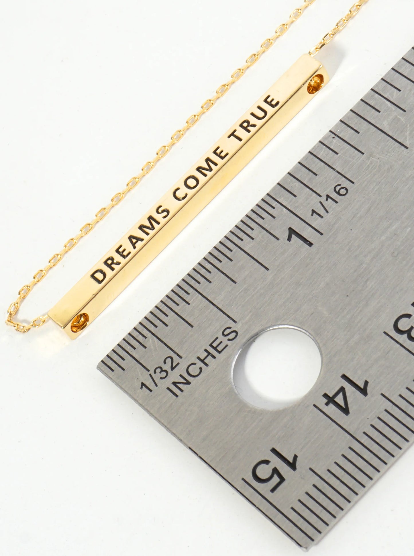 Dreams Come True Engraved 18K Gold Dipped Horizontal Brass Bar Pendant Inspirational Necklace