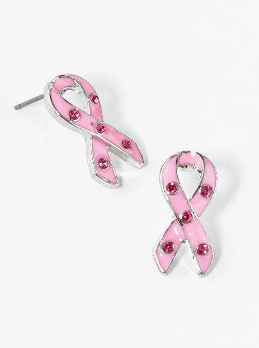 Enamel Filled 20mm Pink Ribbon Stud Earrings